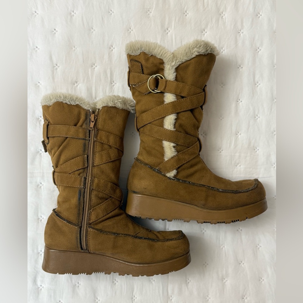 Vintage 90s No Boundaries Platform Boots Size 7 Fur Trimmed Strappy Fall Rare - Picture 5 of 16